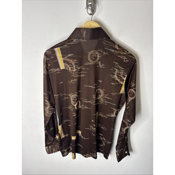Vintage 70s Disco Geometric Print Button Down Shirt Brown M 15-15.5 - Picture 4 of 5